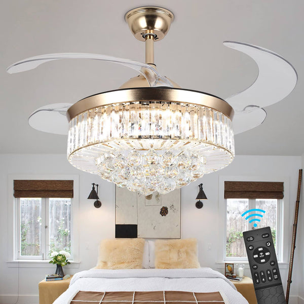 Panghuhu88 36" Invisible Ceiling Fan Chandelier Light,Modern Crystal Ceiling Fan Light Remote Control 4 Retractable ABS Blades for Bedroom Living Room